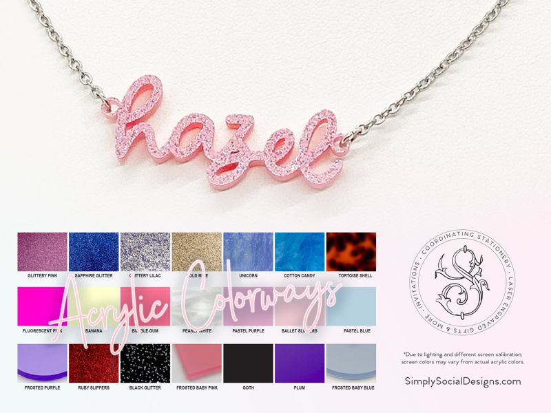 Acrylic Name Necklace, Personalized Nameplate Necklace, Bridesmaid Gift, Pink Plastic Nameplate Jewelry, Gift for Her, Custom Name Charm (glittery pink | Silver Tone 12")