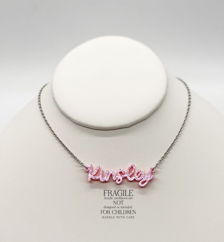 Acrylic Name Necklace, Personalized Nameplate Necklace, Bridesmaid Gift, Pink Plastic Nameplate Jewelry, Gift for Her, Custom Name Charm (glittery pink | Silver Tone 12")