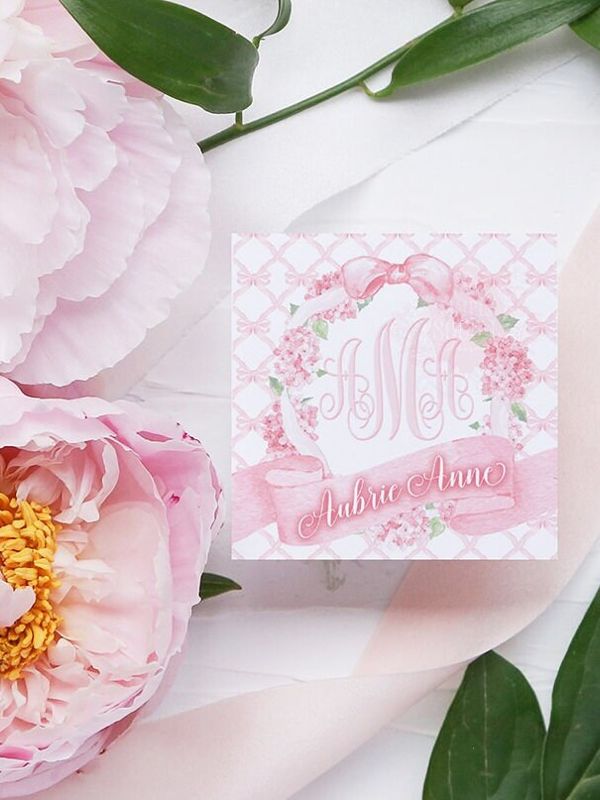 Calling Cards for Girl Printed Pink Bow Grandmillenial Girl Enclosure cards Watercolor Monogram Pink (20 printed tags)