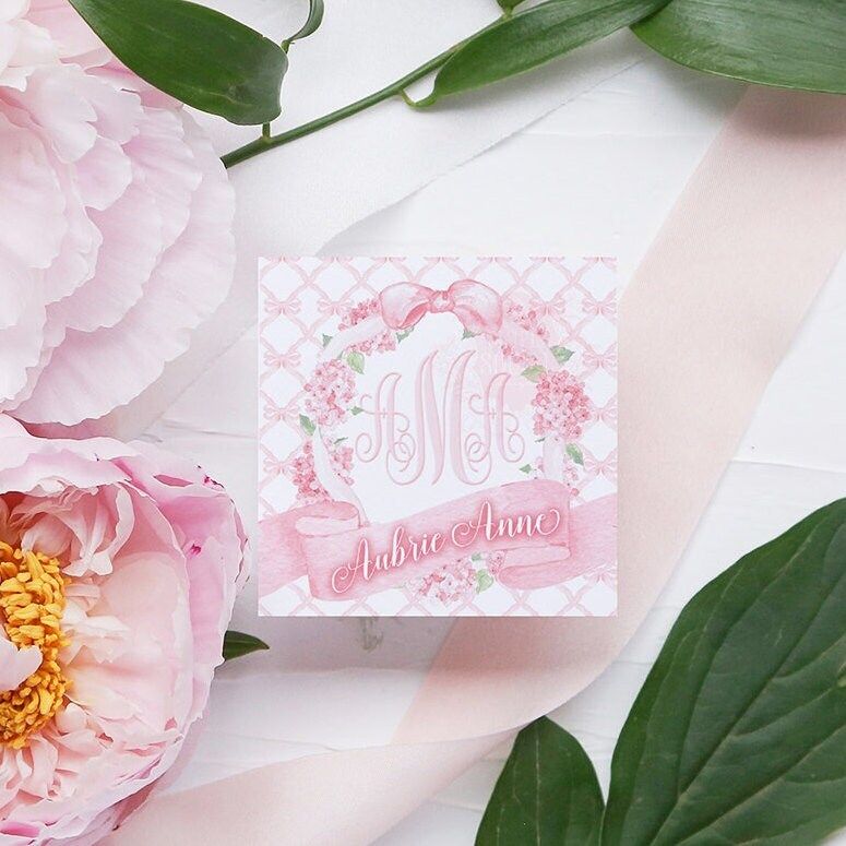 Calling Cards for Girl Printed Pink Bow Grandmillenial Girl Enclosure cards Watercolor Monogram Pink (20 printed tags)