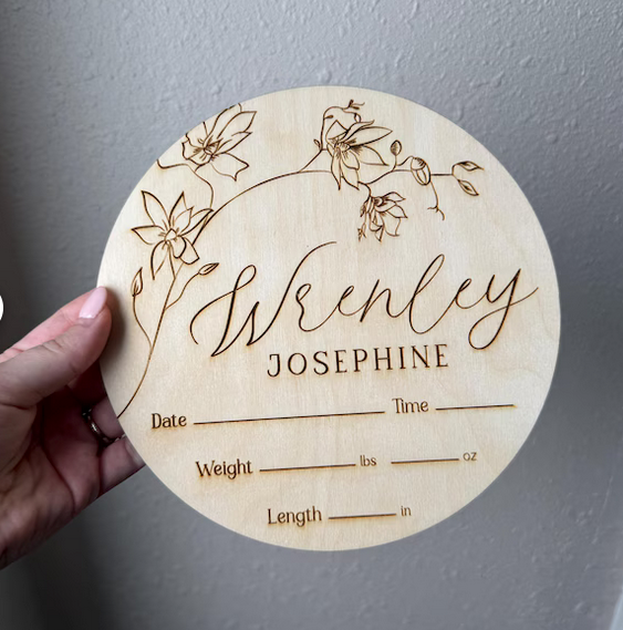 Wooden Baby Name Sign, Newborn Name Wood Sign, Birth Announcement Sign, Girl Floral Name Birth Stats Sign, Boho Name Announcement, Plaque (5")