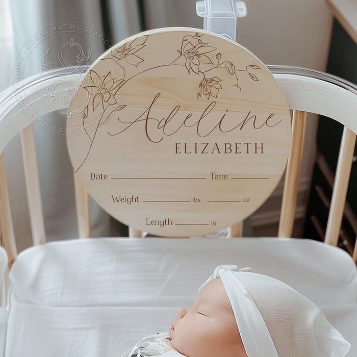 Wooden Baby Name Sign, Newborn Name Wood Sign, Birth Announcement Sign, Girl Floral Name Birth Stats Sign, Boho Name Announcement, Plaque (5")