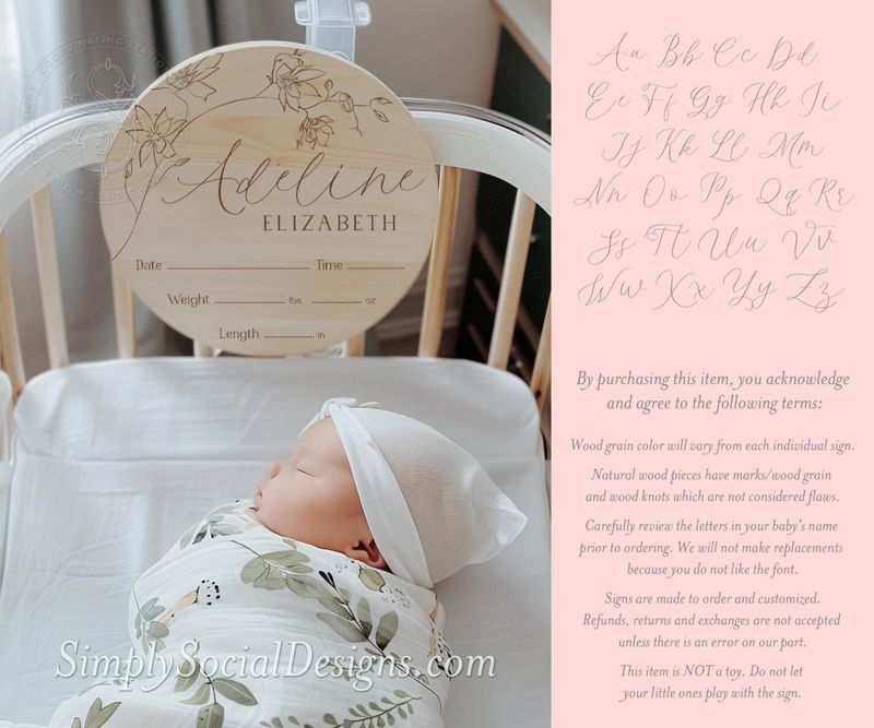 Wooden Baby Name Sign, Newborn Name Wood Sign, Birth Announcement Sign, Girl Floral Name Birth Stats Sign, Boho Name Announcement, Plaque (5")