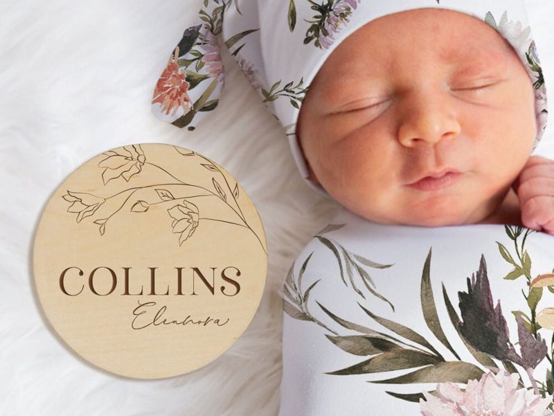 Baby Girl Name Announcement Sign for Hospital | Round Name Reveal Plaque | Birth Announcement | Wooden Newborn Nameplate (4")