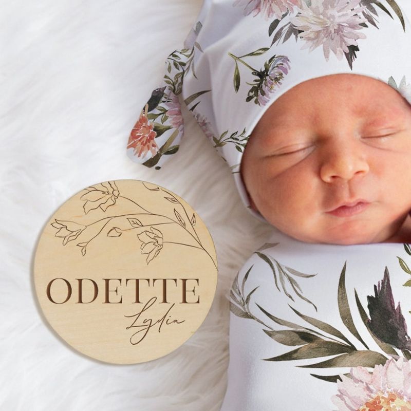 Baby Girl Name Announcement Sign for Hospital | Round Name Reveal Plaque | Birth Announcement | Wooden Newborn Nameplate (4")
