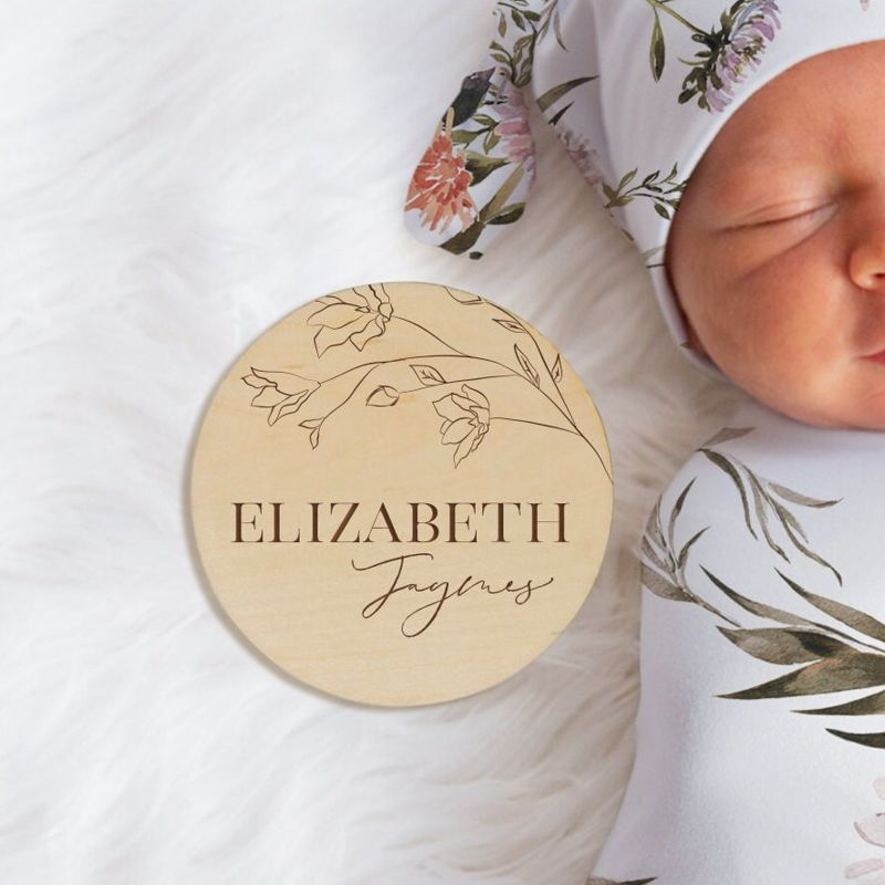 Baby Girl Name Announcement Sign for Hospital | Round Name Reveal Plaque | Birth Announcement | Wooden Newborn Nameplate (4")