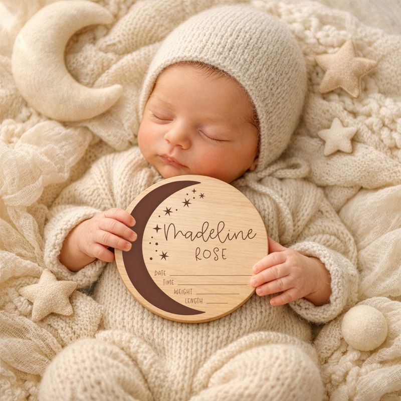 Celestial Baby Name Stats Sign, Wooden Newborn Name Photo Prop, Moon and Stars Stats Sign, Name Reveal Sign, Wood Baby Name Announcement (4")