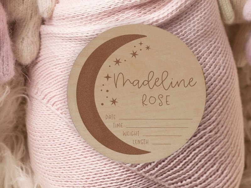 Celestial Baby Name Stats Sign, Wooden Newborn Name Photo Prop, Moon and Stars Stats Sign, Name Reveal Sign, Wood Baby Name Announcement (4")