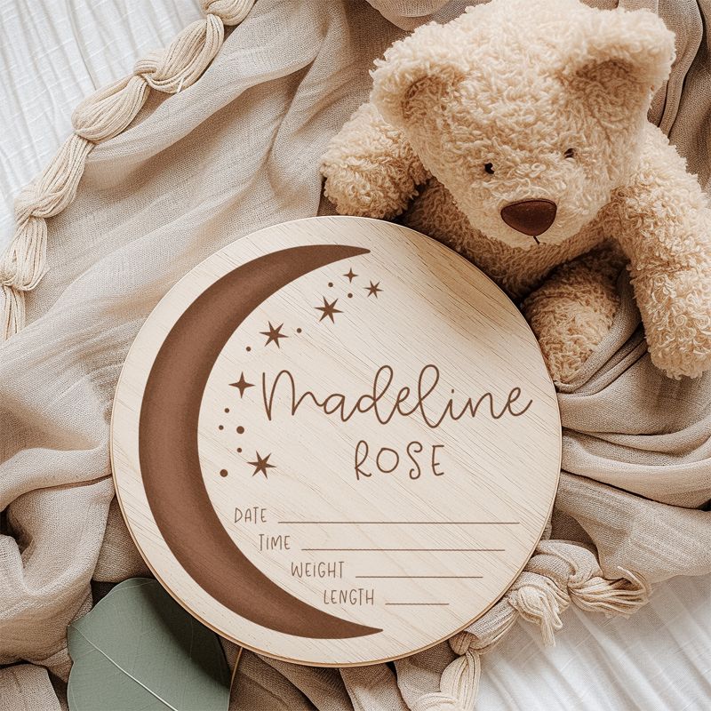 Celestial Baby Name Stats Sign, Wooden Newborn Name Photo Prop, Moon and Stars Stats Sign, Name Reveal Sign, Wood Baby Name Announcement (4")
