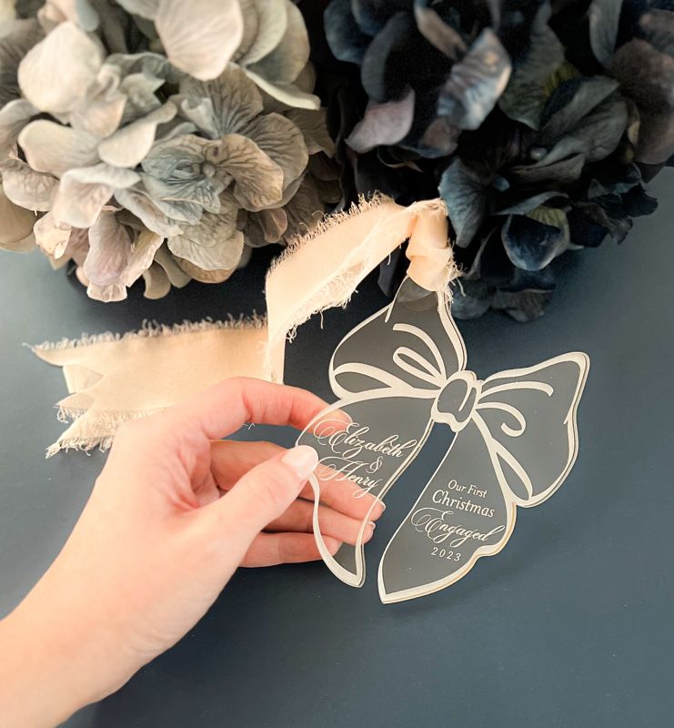 Engagement Ornament Personalized, Engaged Christmas, Engaged Ornament, Bow Ornament, Acrylic Ornament 2024 Gift for couples (Rose Gold Mirror | Engaged)