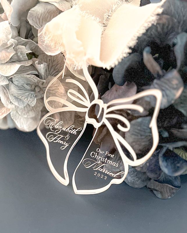 Engagement Ornament Personalized, Engaged Christmas, Engaged Ornament, Bow Ornament, Acrylic Ornament 2024 Gift for couples (Rose Gold Mirror | Engaged)