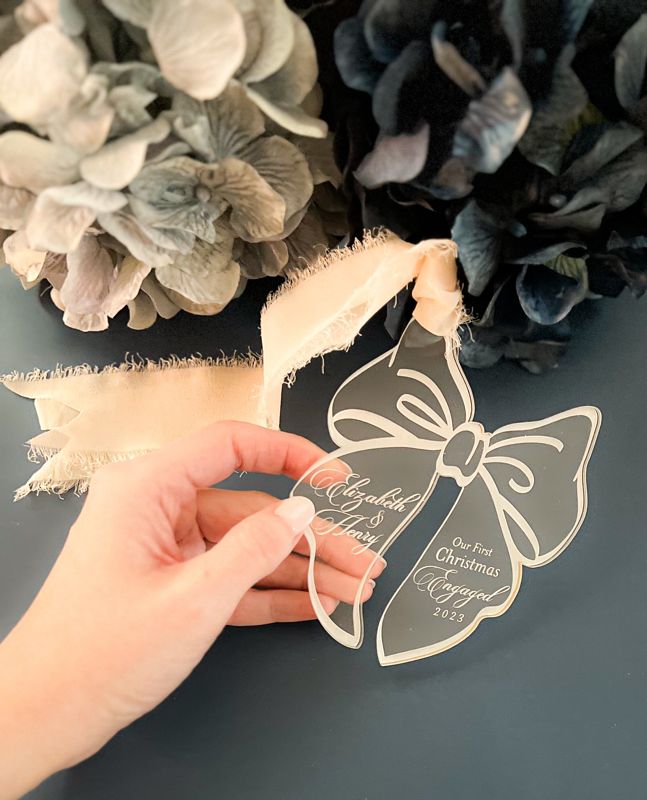 Engagement Ornament Personalized, Engaged Christmas, Engaged Ornament, Bow Ornament, Acrylic Ornament 2024 Gift for couples (Rose Gold Mirror | Engaged)