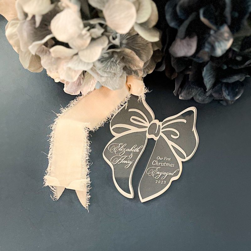 Engagement Ornament Personalized, Engaged Christmas, Engaged Ornament, Bow Ornament, Acrylic Ornament 2024 Gift for couples (Rose Gold Mirror | Engaged)
