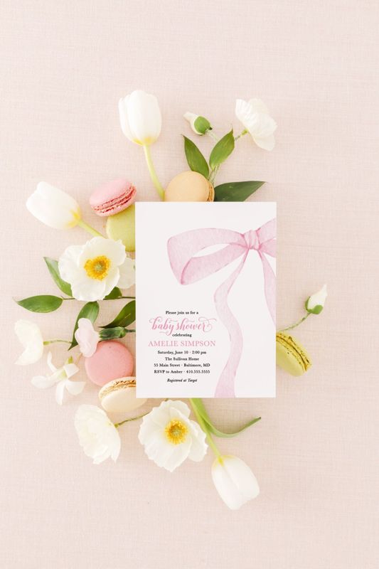 Preppy Pink Bow Baby Shower Invitation, girl baby shower invitations, baby sprinkle invite, heirloom bow, pink pastel girl birthday party (10 printed invitations | Plain White Envelopes)