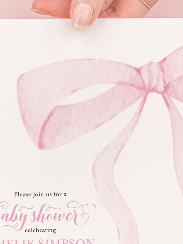 Preppy Pink Bow Baby Shower Invitation, girl baby shower invitations, baby sprinkle invite, heirloom bow, pink pastel girl birthday party (10 printed invitations | Plain White Envelopes)