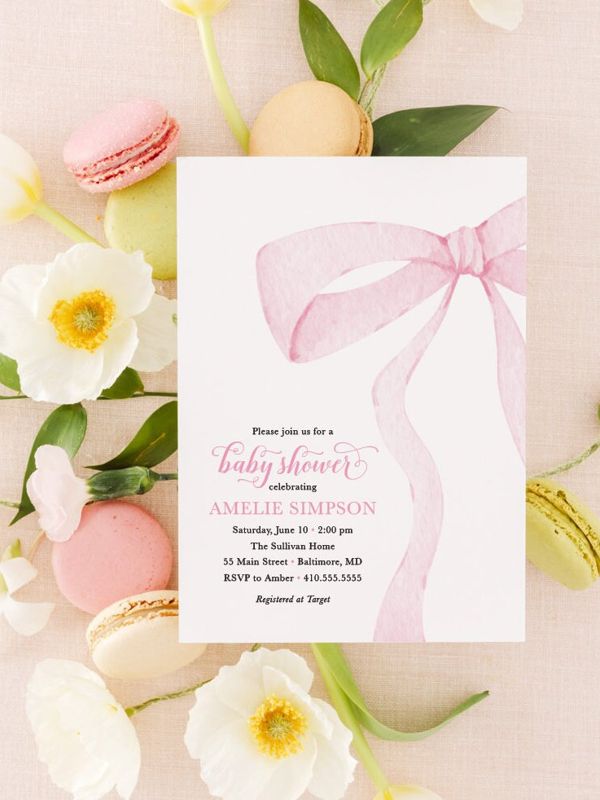 Preppy Pink Bow Baby Shower Invitation, girl baby shower invitations, baby sprinkle invite, heirloom bow, pink pastel girl birthday party (10 printed invitations | Plain White Envelopes)
