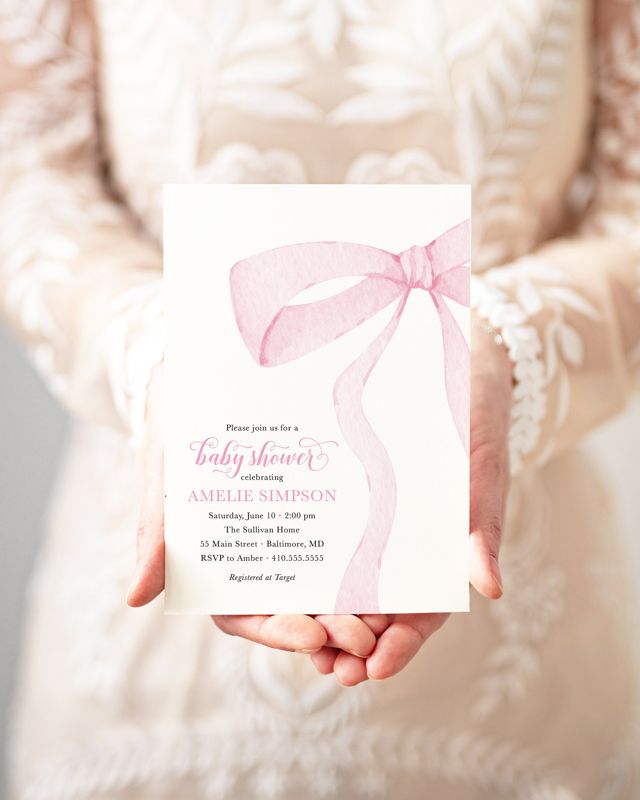 Preppy Pink Bow Baby Shower Invitation, girl baby shower invitations, baby sprinkle invite, heirloom bow, pink pastel girl birthday party (10 printed invitations | Plain White Envelopes)