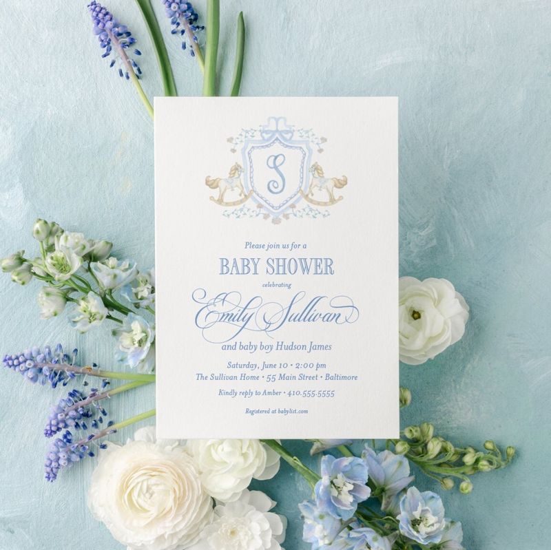 Rocking Horse Classic Baby Boy Shower Invitation Monogram Crest Boy Baby Sprinkle Traditional Preppy (10 printed invitations, Plain White Envelopes)