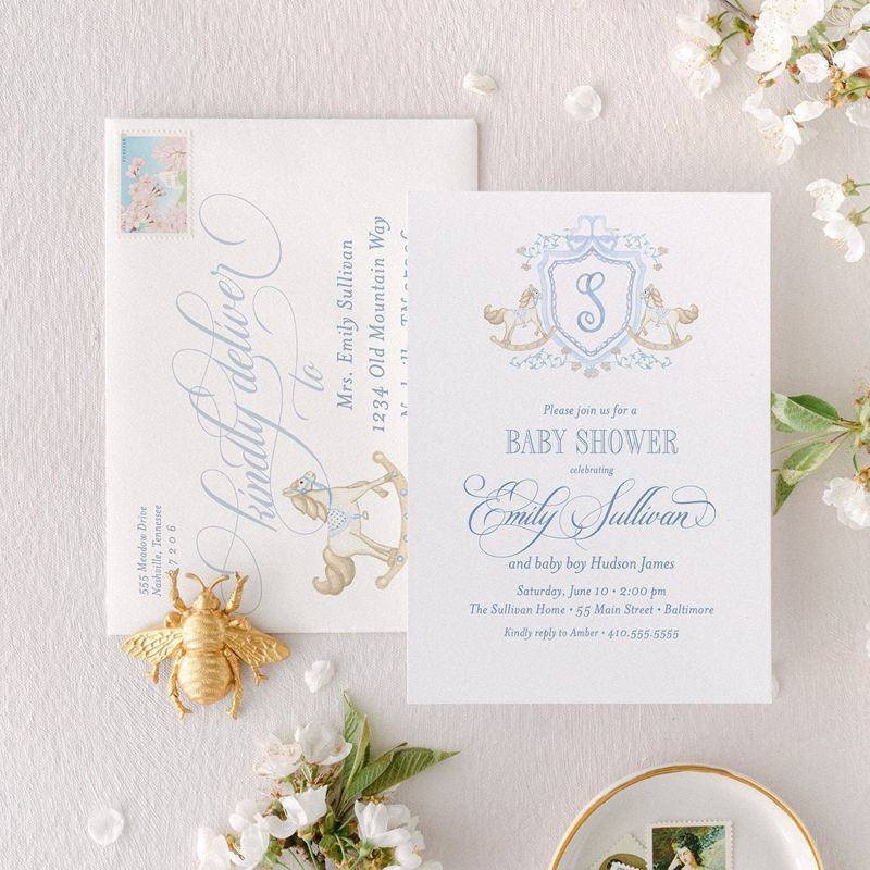 Rocking Horse Classic Baby Boy Shower Invitation Monogram Crest Boy Baby Sprinkle Traditional Preppy (10 printed invitations, Plain White Envelopes)