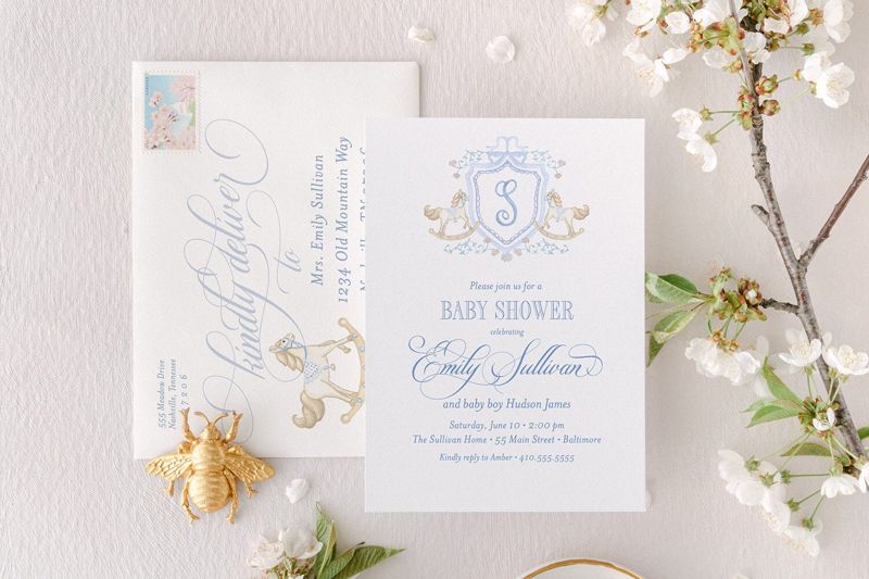 Rocking Horse Classic Baby Boy Shower Invitation Monogram Crest Boy Baby Sprinkle Traditional Preppy (10 printed invitations, Plain White Envelopes)