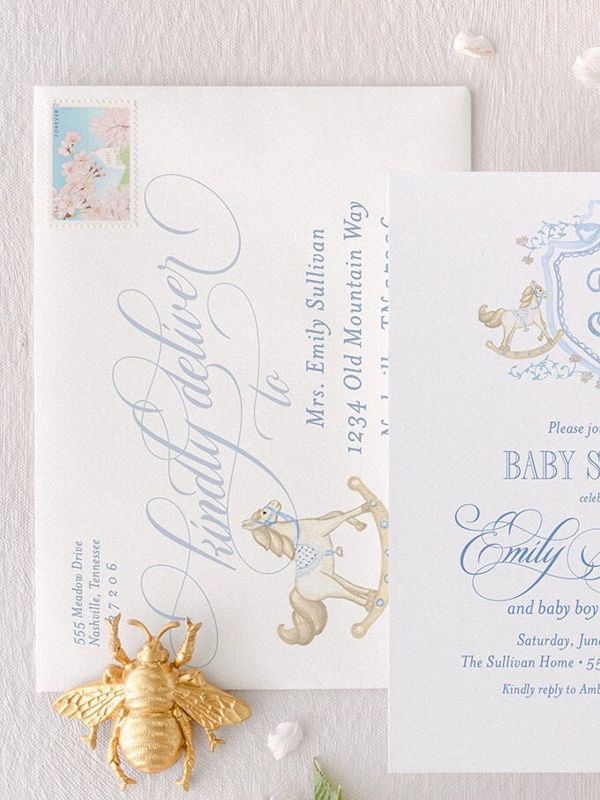 Rocking Horse Classic Baby Boy Shower Invitation Monogram Crest Boy Baby Sprinkle Traditional Preppy (10 printed invitations, Plain White Envelopes)