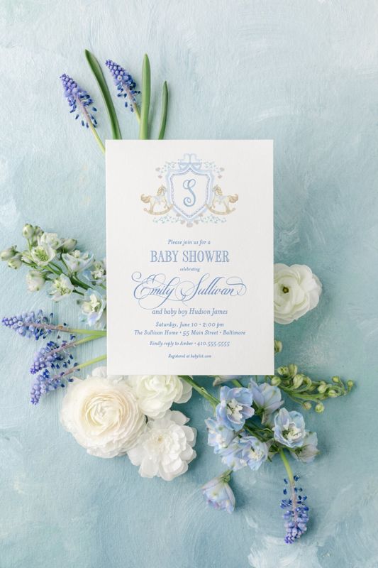 Rocking Horse Classic Baby Boy Shower Invitation Monogram Crest Boy Baby Sprinkle Traditional Preppy (10 printed invitations, Plain White Envelopes)