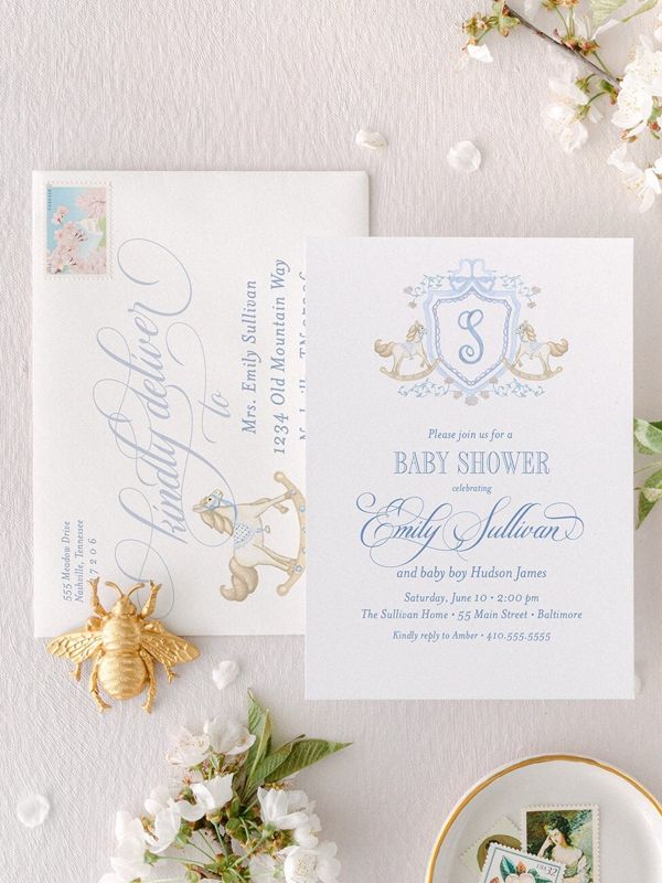 Rocking Horse Classic Baby Boy Shower Invitation Monogram Crest Boy Baby Sprinkle Traditional Preppy (10 printed invitations, Plain White Envelopes)