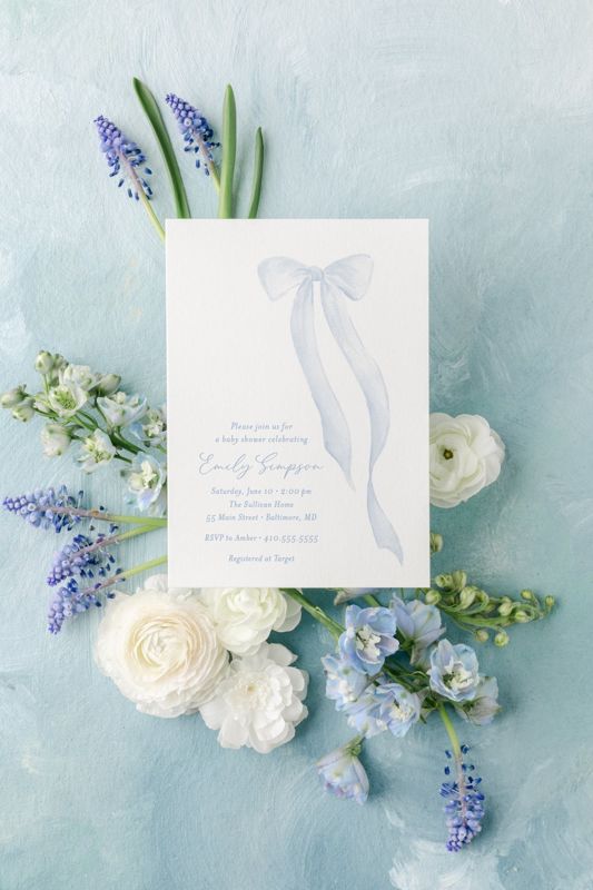 Blue Bow Boy Baby Shower Invitations, whimsical baby boy sprinkle invite, heirloom bow, long tail bow watercolor, sip and see (10 printed invitations | Plain White Envelopes)