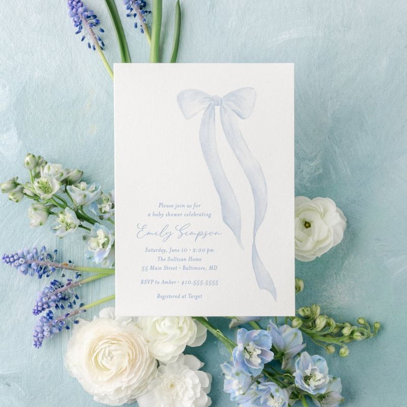 Blue Bow Boy Baby Shower Invitations, whimsical baby boy sprinkle invite, heirloom bow, long tail bow watercolor, sip and see (10 printed invitations | Plain White Envelopes)