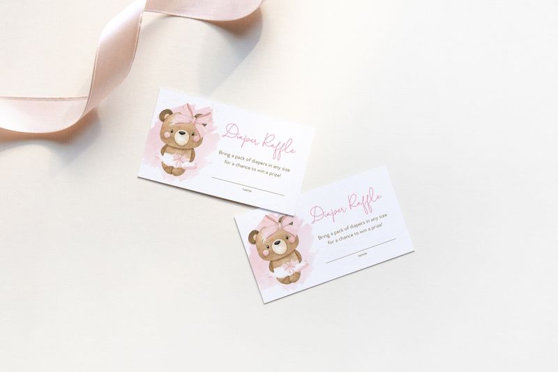 Teddy Bear Baby Shower Diaper Raffle Insert Cards Printed - Girl Baby Shower - Pink Tutu Bear (20 printed cards)