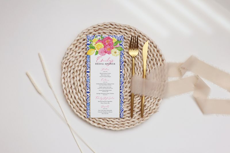 Tuscan Lemon and Fuschia Floral Bridal Shower Printed Menu Cards - Portuguese Blue Tile and Lemon Bridal Shower Printed Menu Cards (JPG one per page)