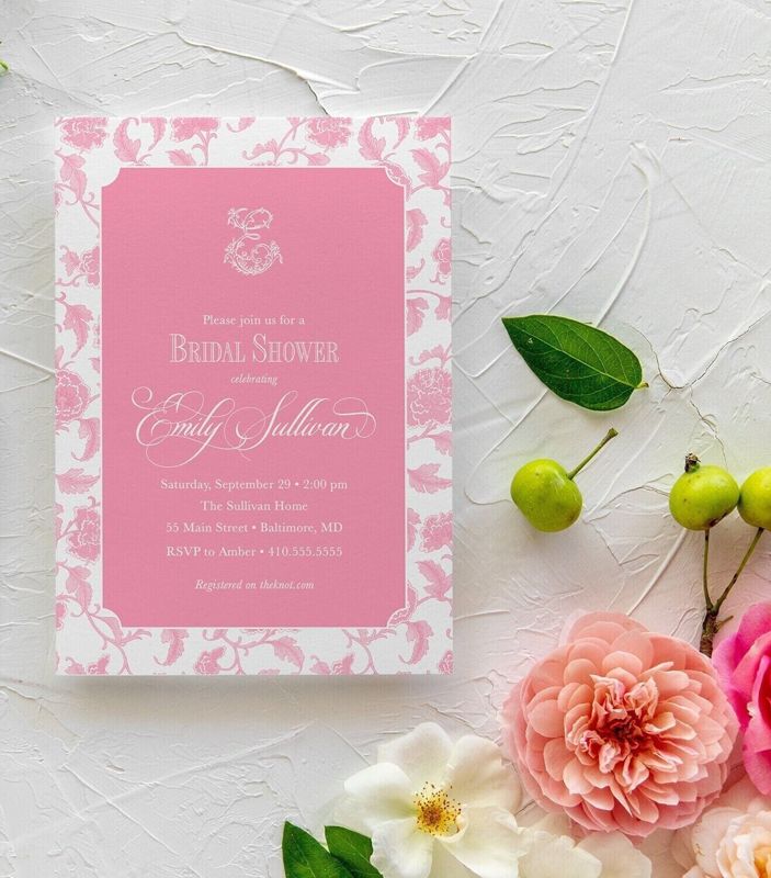 Pink Toile Chinoiserie Bridal Shower Invitations, Monogram Bridal Brunch, Bridal Tea, Bridal Luncheon invitation, Bridesmaids Lunch (10 printed invitations | Plain White Envelopes)