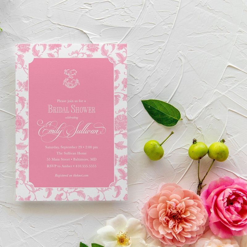 Pink Toile Chinoiserie Bridal Shower Invitations, Monogram Bridal Brunch, Bridal Tea, Bridal Luncheon invitation, Bridesmaids Lunch (10 printed invitations | Plain White Envelopes)