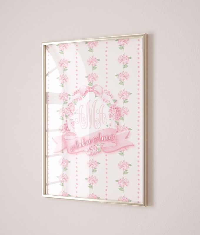 Baby Girl Monogram Art Print - Pink Wall Art for Nursery - Printed Monogram Pink Hydrangea - Girl Room Decor - Baby Girl Nursery Art (5x7, Portrait)