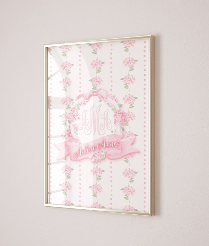 Baby Girl Monogram Art Print - Pink Wall Art for Nursery - Printed Monogram Pink Hydrangea - Girl Room Decor - Baby Girl Nursery Art (5x7, Portrait)