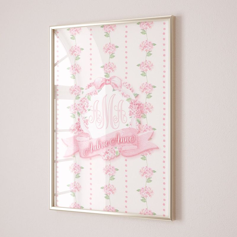 Baby Girl Monogram Art Print - Pink Wall Art for Nursery - Printed Monogram Pink Hydrangea - Girl Room Decor - Baby Girl Nursery Art (5x7, Portrait)