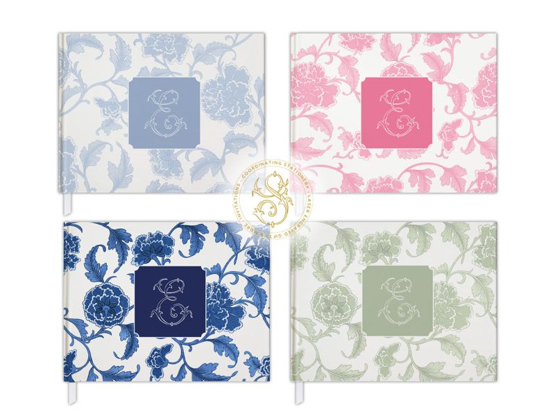 Sage Green Bridal Shower Guest Book, Baby Shower Guest Book, Chinoiserie Blank Book, Custom Initial Guestbook, Monogram Guestbook (Pink, A)
