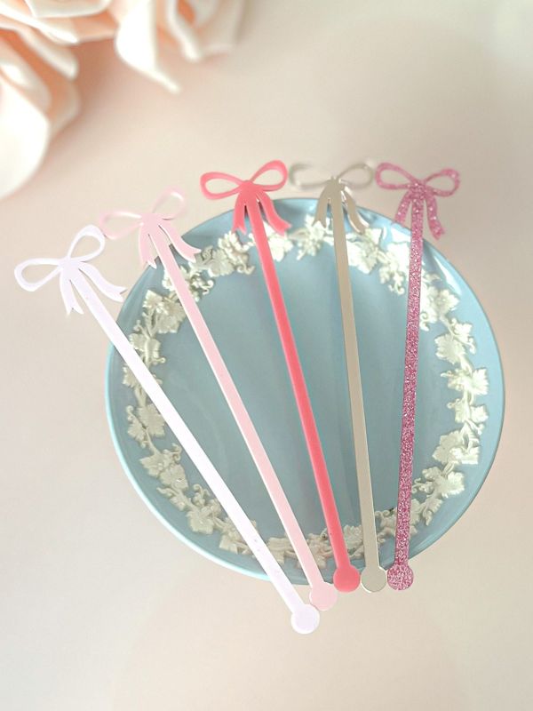 Fancy Pink bow drink stirrers girl baby shower cocktail stirrers acrylic stir sticks baby girl sprinkle french bow party decor (Blush Pink | Set of 5 stirrers)