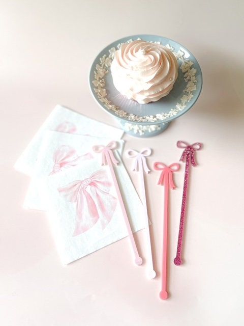 Fancy Pink bow drink stirrers girl baby shower cocktail stirrers acrylic stir sticks baby girl sprinkle french bow party decor (Blush Pink | Set of 5 stirrers)