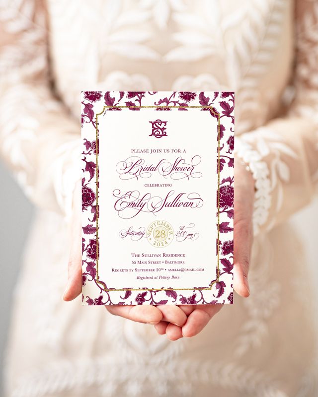 Burgundy Chinoiserie Bridal Shower Invitations - Interlocking Monogram Invite - Wedding Shower - Moody Maximalist - Bridesmaids Luncheon (10 printed invitations, Plain White Envelopes)