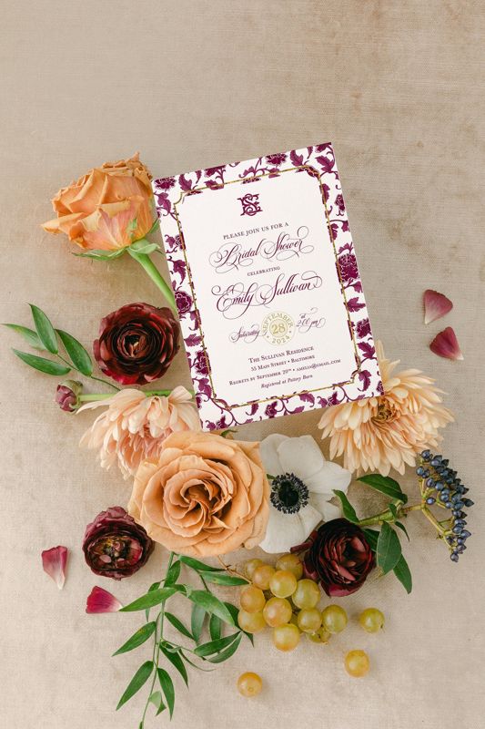 Burgundy Chinoiserie Bridal Shower Invitations - Interlocking Monogram Invite - Wedding Shower - Moody Maximalist - Bridesmaids Luncheon (10 printed invitations, Plain White Envelopes)