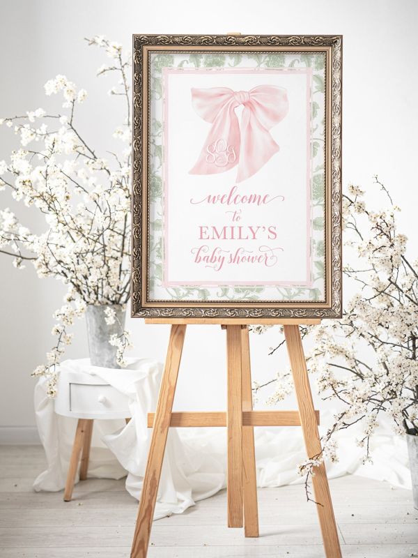 Sage Green and Pink Chinoiserie Baby Shower Welcome Sign, Monogram Bow, Heirloom Bow, Baby Brunch, Printable, Brunch for Baby, Watercolor