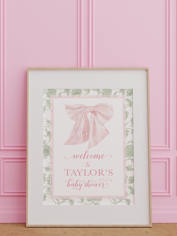Sage Green and Pink Chinoiserie Baby Shower Welcome Sign, Monogram Bow, Heirloom Bow, Baby Brunch, Printable, Brunch for Baby, Watercolor