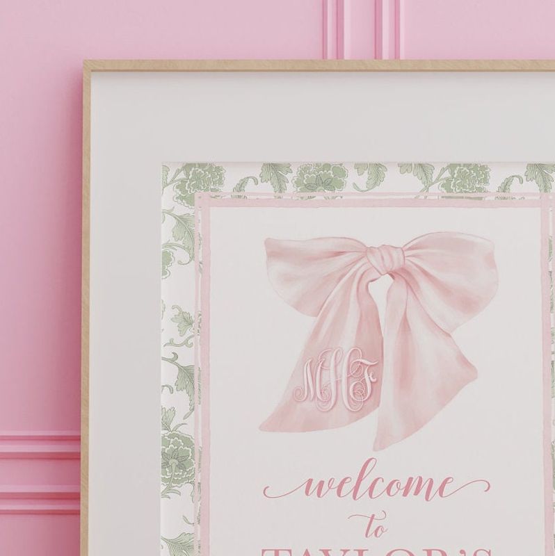 Sage Green and Pink Chinoiserie Baby Shower Welcome Sign, Monogram Bow, Heirloom Bow, Baby Brunch, Printable, Brunch for Baby, Watercolor