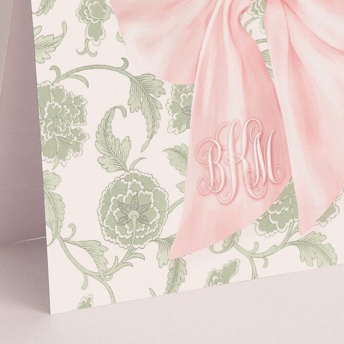 Sage Green and Pink Heirloom Bow Thank You Notes - Pink Chinoiserie Notes - Printed Note Cards - Baby Shower Thank You - Monogram Note Cards (20 printed notes)