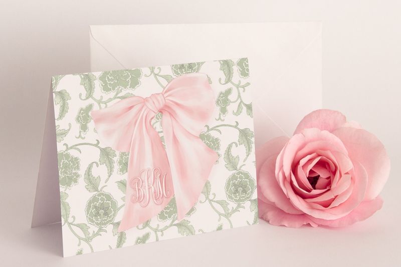 Sage Green and Pink Heirloom Bow Thank You Notes - Pink Chinoiserie Notes - Printed Note Cards - Baby Shower Thank You - Monogram Note Cards (20 printed notes)