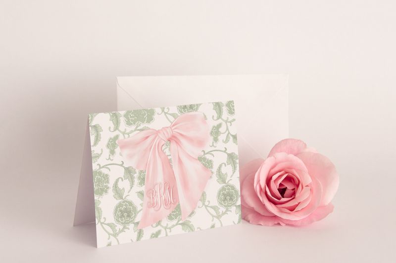 Sage Green and Pink Heirloom Bow Thank You Notes - Pink Chinoiserie Notes - Printed Note Cards - Baby Shower Thank You - Monogram Note Cards (20 printed notes)
