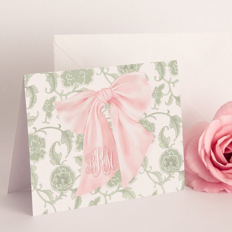 Sage Green and Pink Heirloom Bow Thank You Notes - Pink Chinoiserie Notes - Printed Note Cards - Baby Shower Thank You - Monogram Note Cards (20 printed notes)