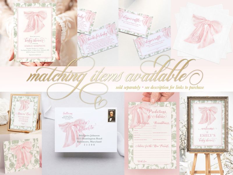 Sage Green and Pink Heirloom Bow Thank You Notes - Pink Chinoiserie Notes - Printed Note Cards - Baby Shower Thank You - Monogram Note Cards (20 printed notes)