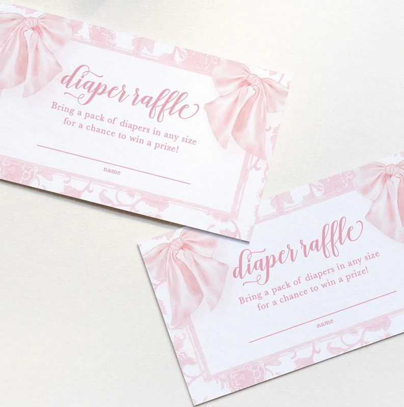 Pink Bow Baby Shower Diaper Raffle Insert Cards Printed Pink Chinoiserie Toile (20 printed cards)